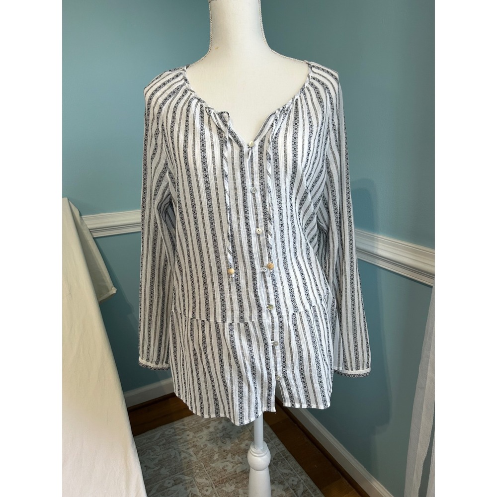 J. Jill Women White Black Striped Cotton Gauze Tunic Top Boho Long Sleeve Large